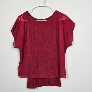 Express Womens Sz XS Red Metallic Shimmer Layered Sheer Dolman Sleeve Blouse Top